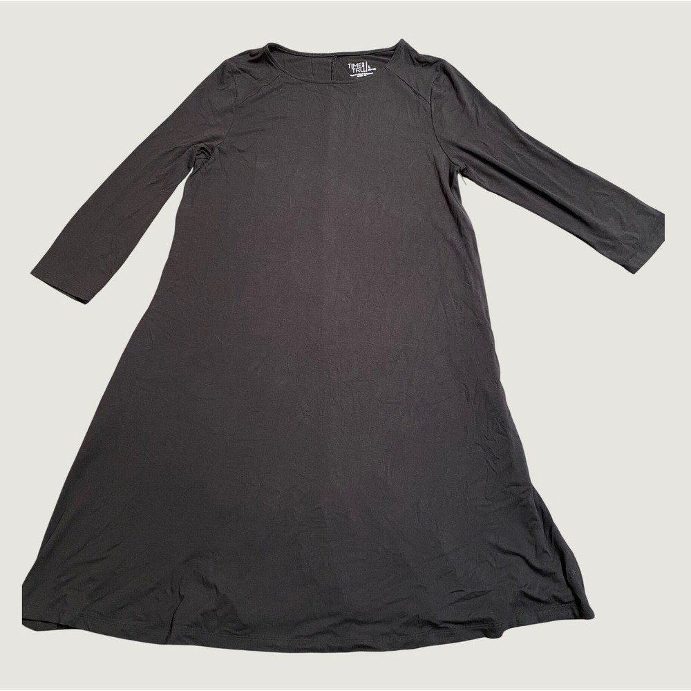 Time and Tru Womens 3/4 Sleeve Knit A-Line Dress Black Pockets Large 12-14 New
